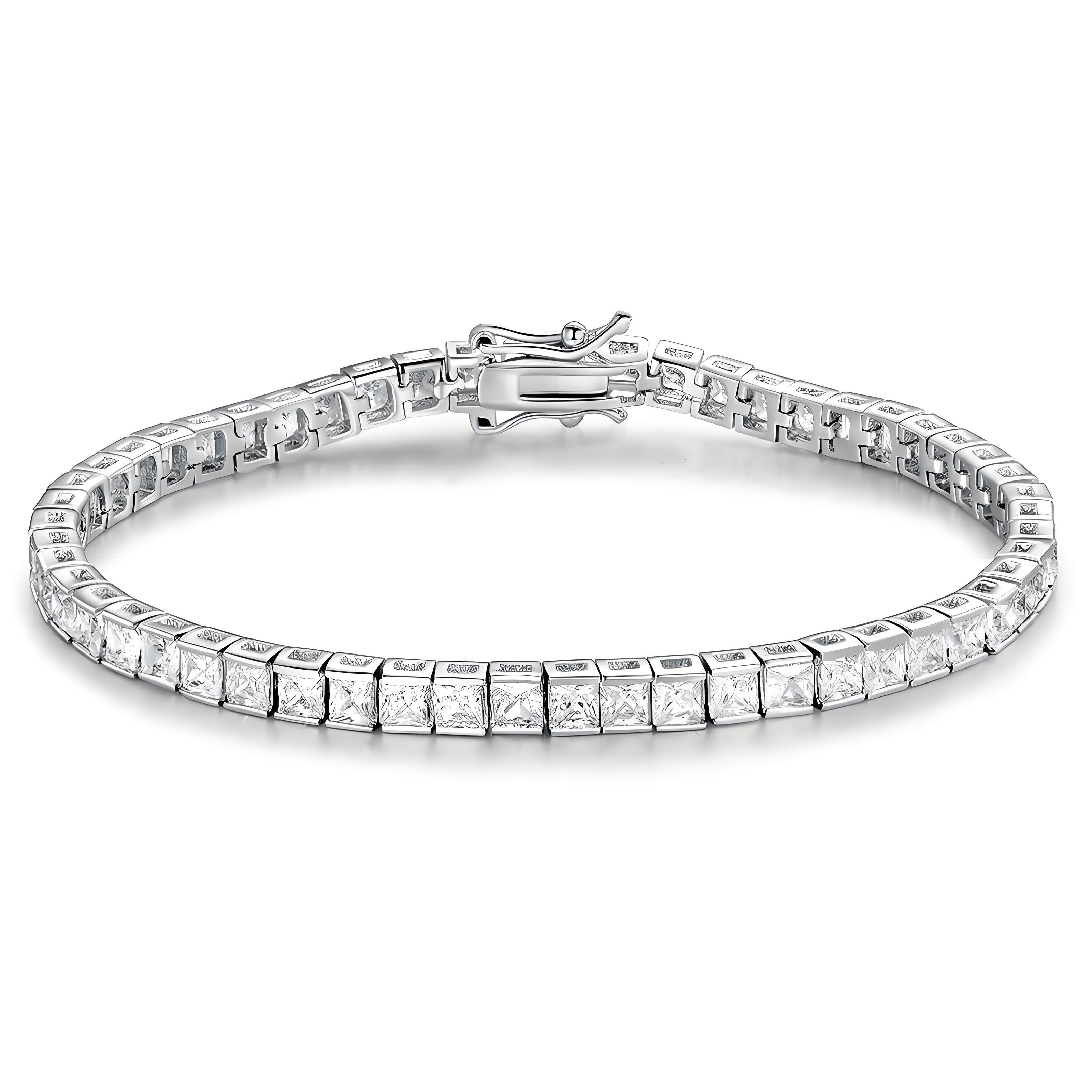 Half Bezel Princess-Cut 3mm Silver Tennis Bracelet in Channel Setting with Box Clasp Safety Latches