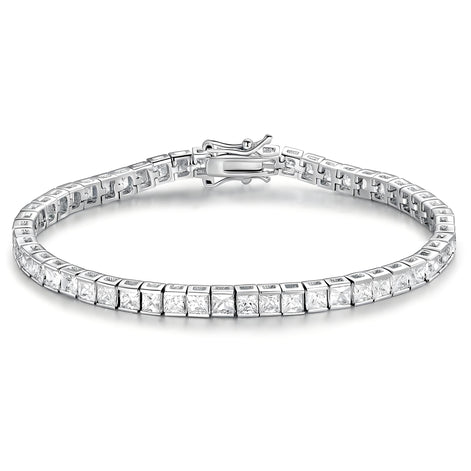 Half Bezel Princess-Cut 3mm Silver Tennis Bracelet in Channel Setting with Box Clasp Safety Latches