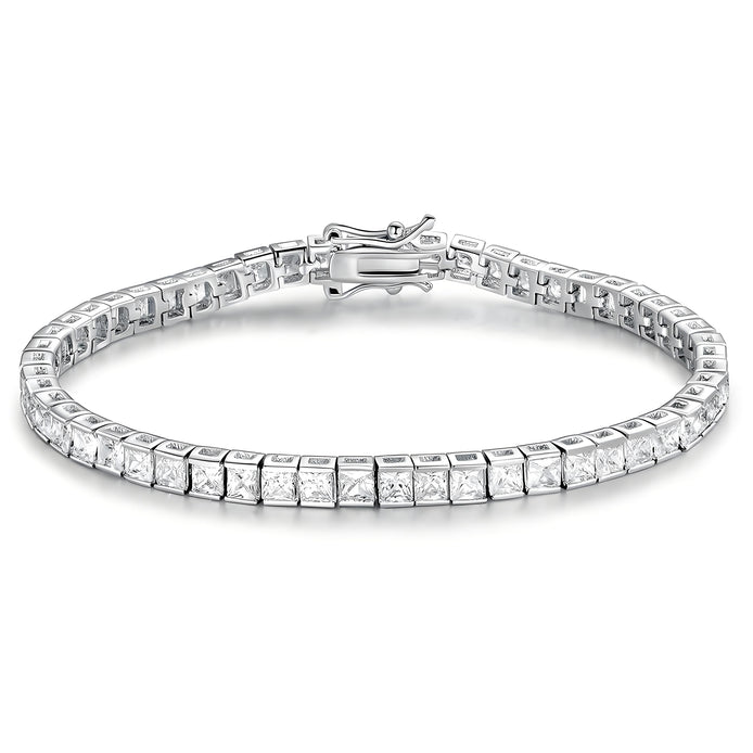 Half Bezel Princess-Cut 3mm Silver Tennis Bracelet in Channel Setting with Box Clasp Safety Latches
