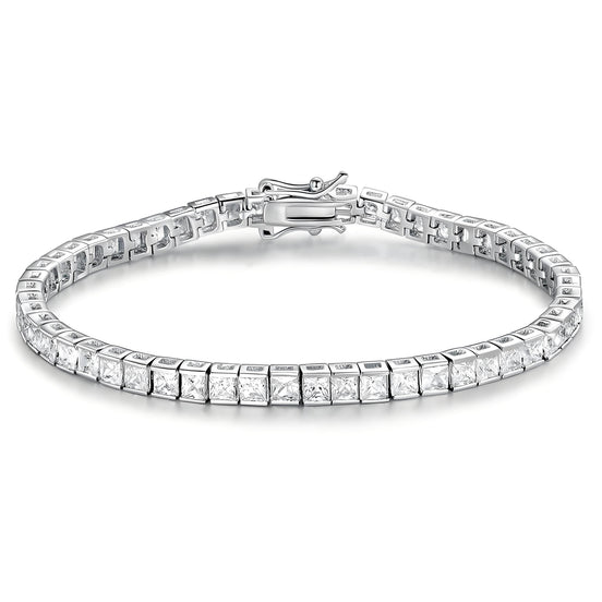 Half Bezel Princess-Cut 3mm Silver Tennis Bracelet in Channel Setting with Box Clasp Safety Latches