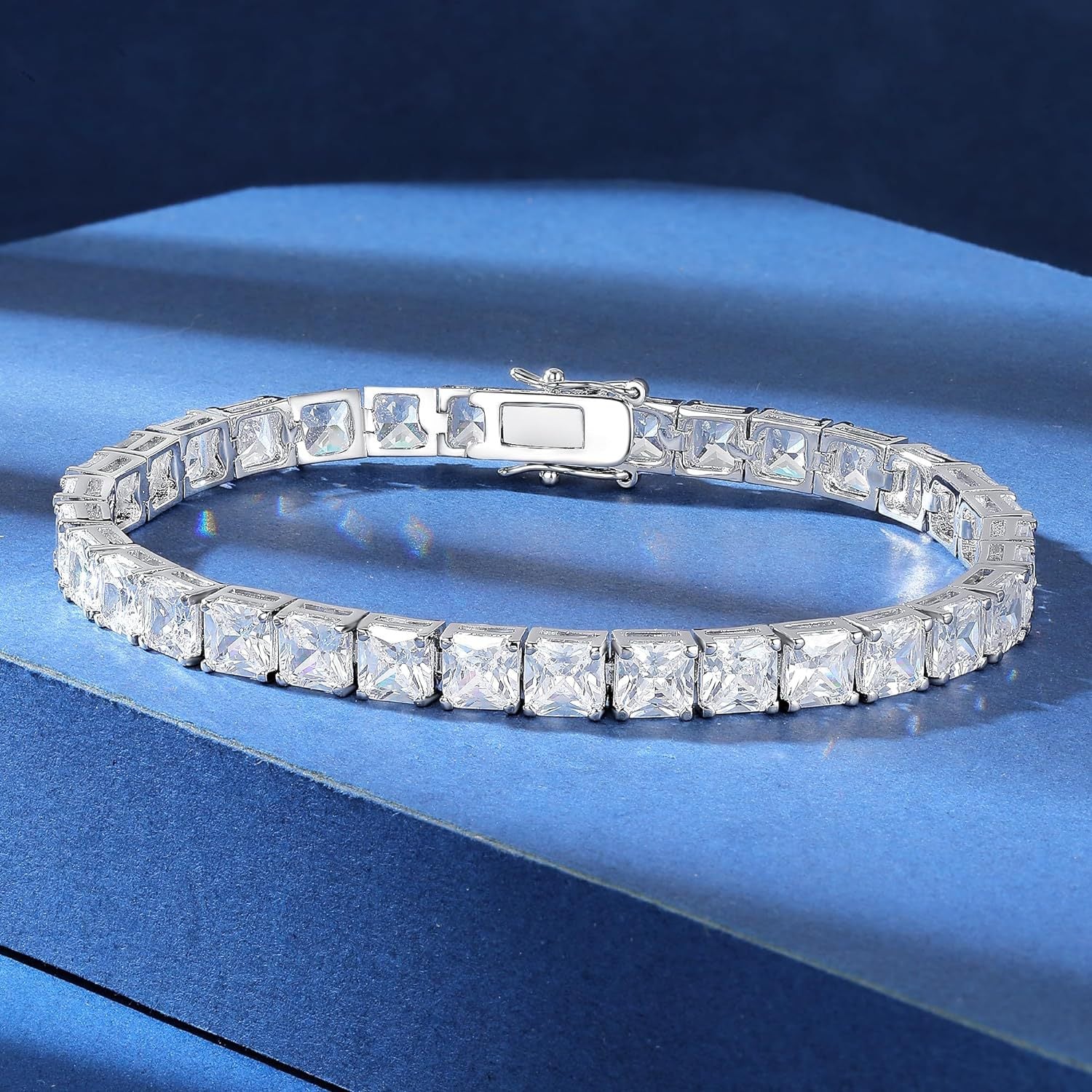 Princess-Cut 5mm Silver Tennis Bracelet in Channel Setting with Box Clasp Safety Latches