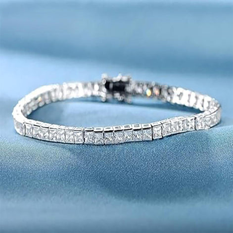 Half Bezel Princess-Cut 3mm Silver Tennis Bracelet in Channel Setting with Box Clasp Safety Latches
