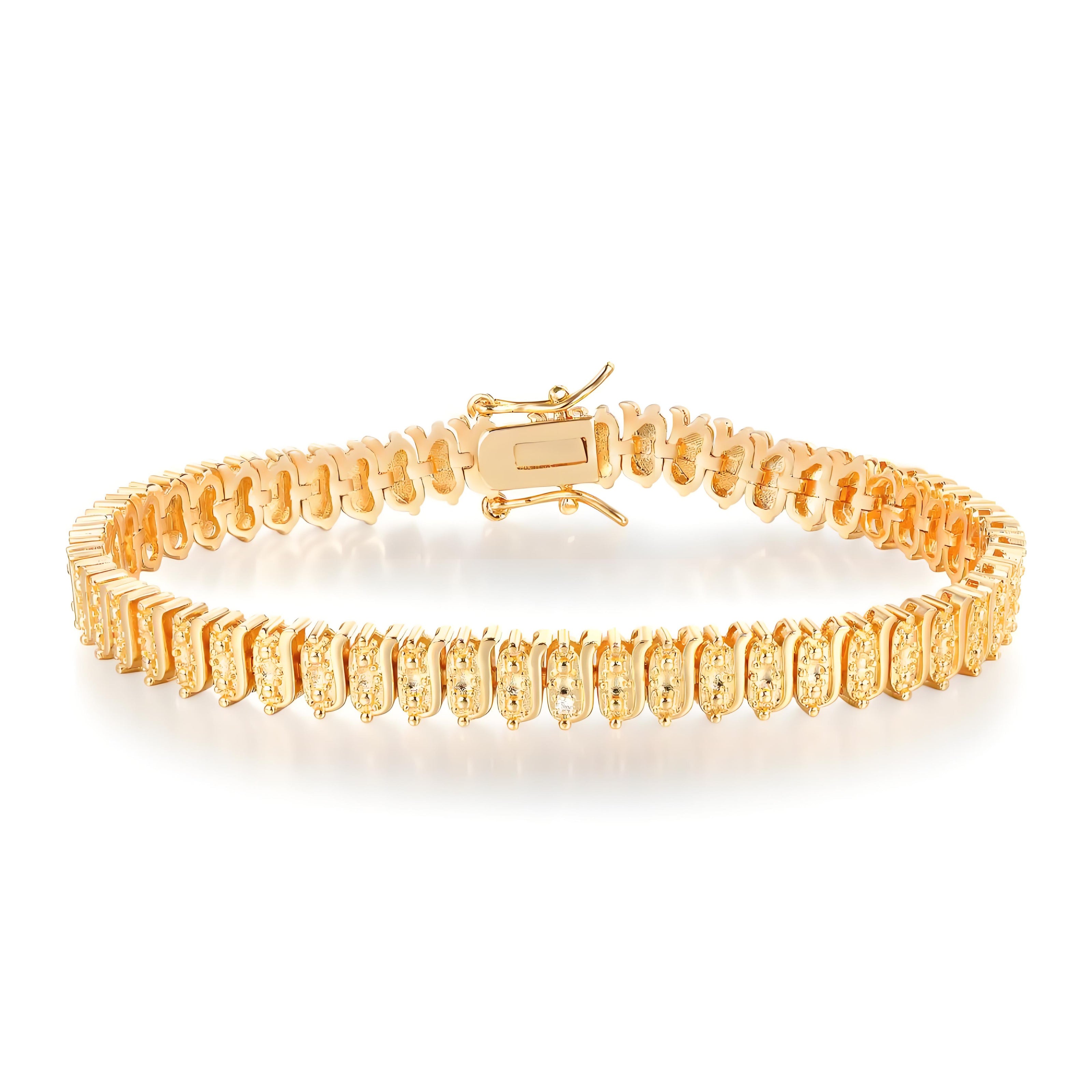 18K Golden Rectangular Link Dotted Round Brilliant Accents 7mm Bracelet with Box Clasp Safety Latches