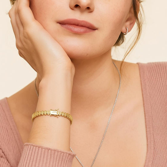 18K Golden Rectangular Link Dotted Round Brilliant Accents 7mm Bracelet with Box Clasp Safety Latches