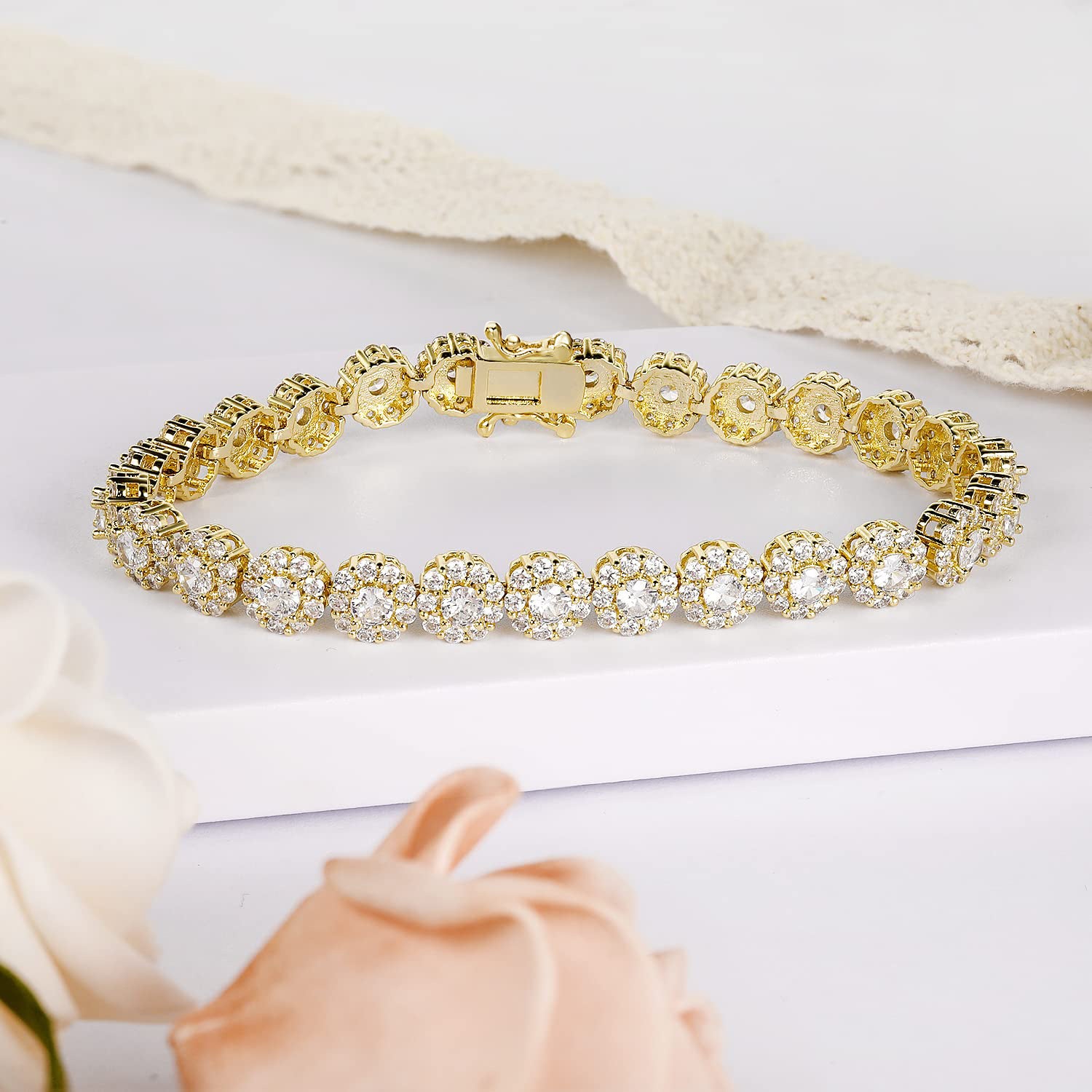 Round Brilliant 7.5mm Golden Tennis Bracelet in Pavé Halo Setting with Box Clasp Safety Latches