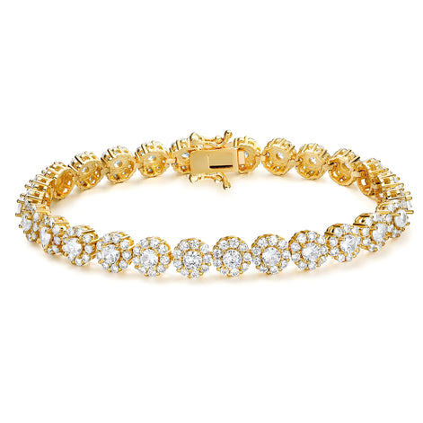Round Brilliant 7.5mm Golden Tennis Bracelet in Pavé Halo Setting with Box Clasp Safety Latches