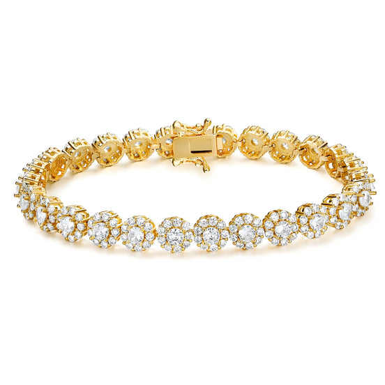 Round Brilliant 7.5mm Golden Tennis Bracelet in Pavé Halo Setting with Box Clasp Safety Latches