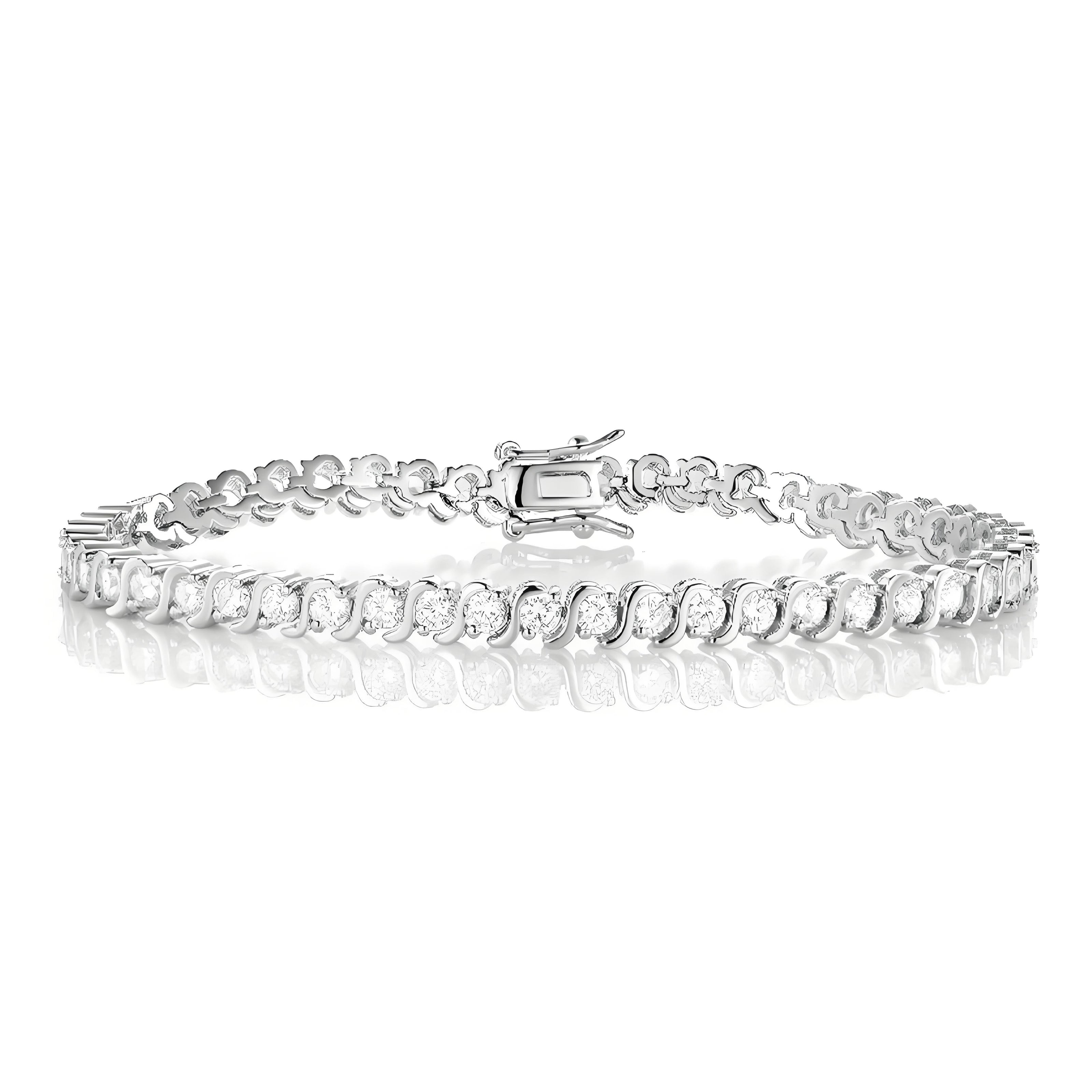 Round Brilliant S-Link 3mm Silver Tennis Bracelet in Half Bezel Setting with Box Clasp Safety Latches (7.5'')
