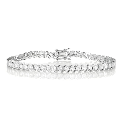Round Brilliant S-Link 3mm Silver Tennis Bracelet in Half Bezel Setting with Box Clasp Safety Latches (7.5'')