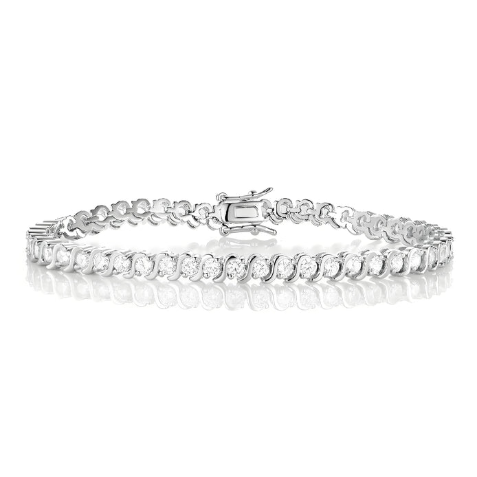 Round Brilliant S-Link 3mm Silver Tennis Bracelet in Half Bezel Setting with Box Clasp Safety Latches (7.5'')