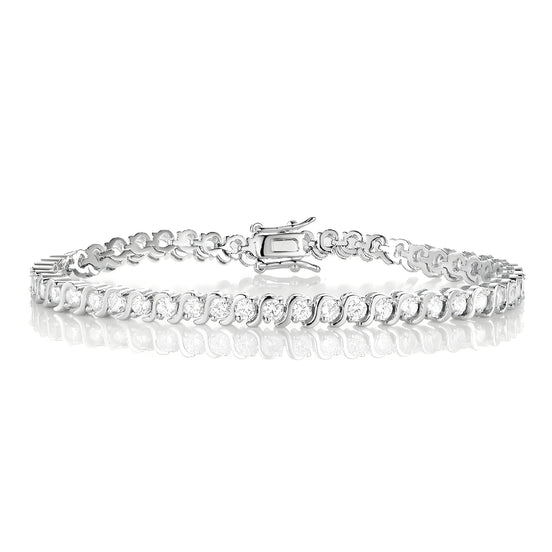 Round Brilliant S-Link 3mm Silver Tennis Bracelet in Half Bezel Setting with Box Clasp Safety Latches (7.5'')