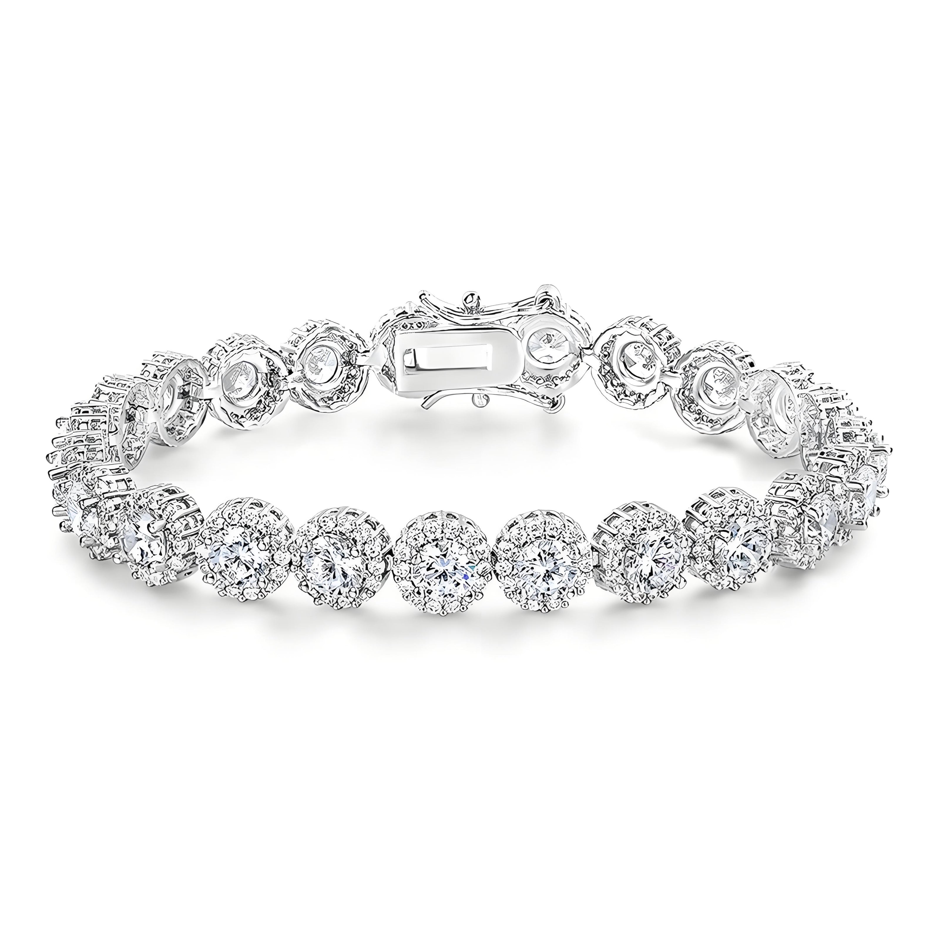 Round Brilliant Silver Tennis Bracelet in Pavé Halo Setting with Box Clasp Safety Latches