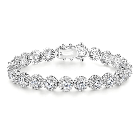 Round Brilliant Silver Tennis Bracelet in Pavé Halo Setting with Box Clasp Safety Latches