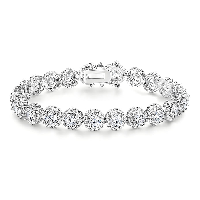Round Brilliant Silver Tennis Bracelet in Pavé Halo Setting with Box Clasp Safety Latches