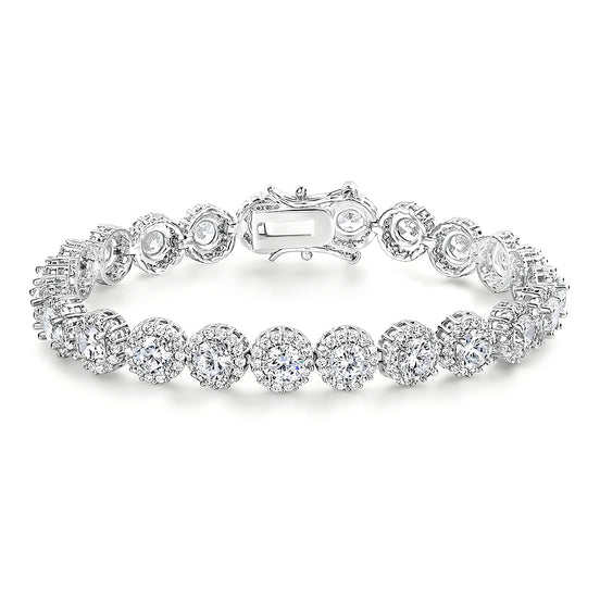 Round Brilliant Silver Tennis Bracelet in Pavé Halo Setting with Box Clasp Safety Latches