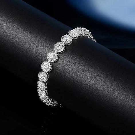 Round Brilliant Silver Tennis Bracelet in Pavé Halo Setting with Box Clasp Safety Latches