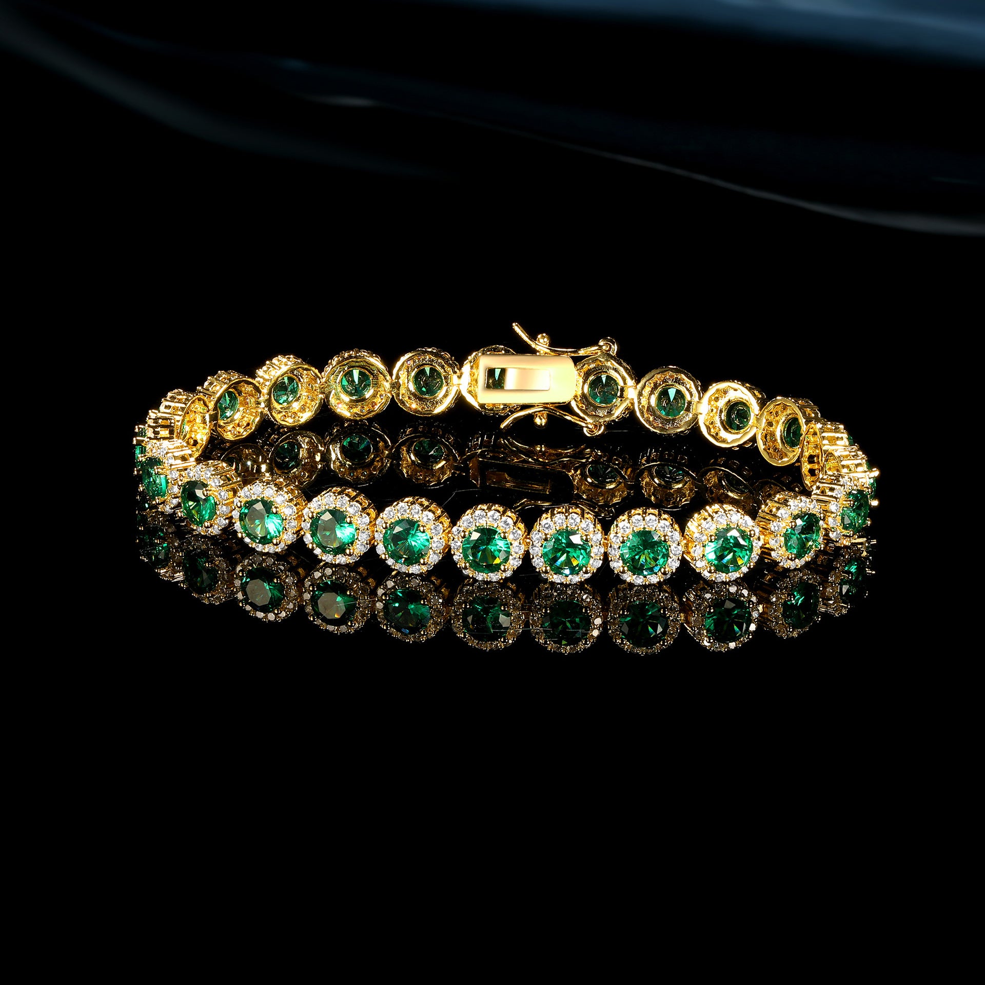Round Emerald in White Accents Halo 8mm Golden Tennis Bracelet with Box Clasp Safety Latches