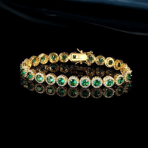 Round Emerald in White Accents Halo 8mm Golden Tennis Bracelet with Box Clasp Safety Latches
