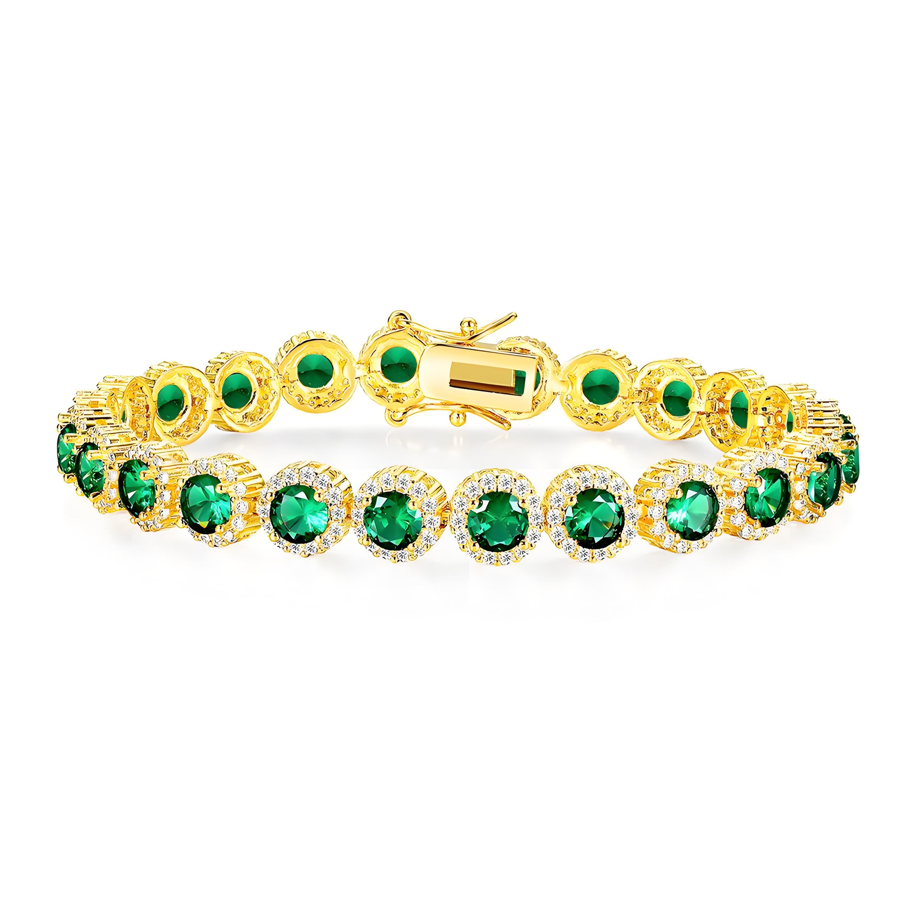 Round Emerald in White Accents Halo 8mm Golden Tennis Bracelet with Box Clasp Safety Latches