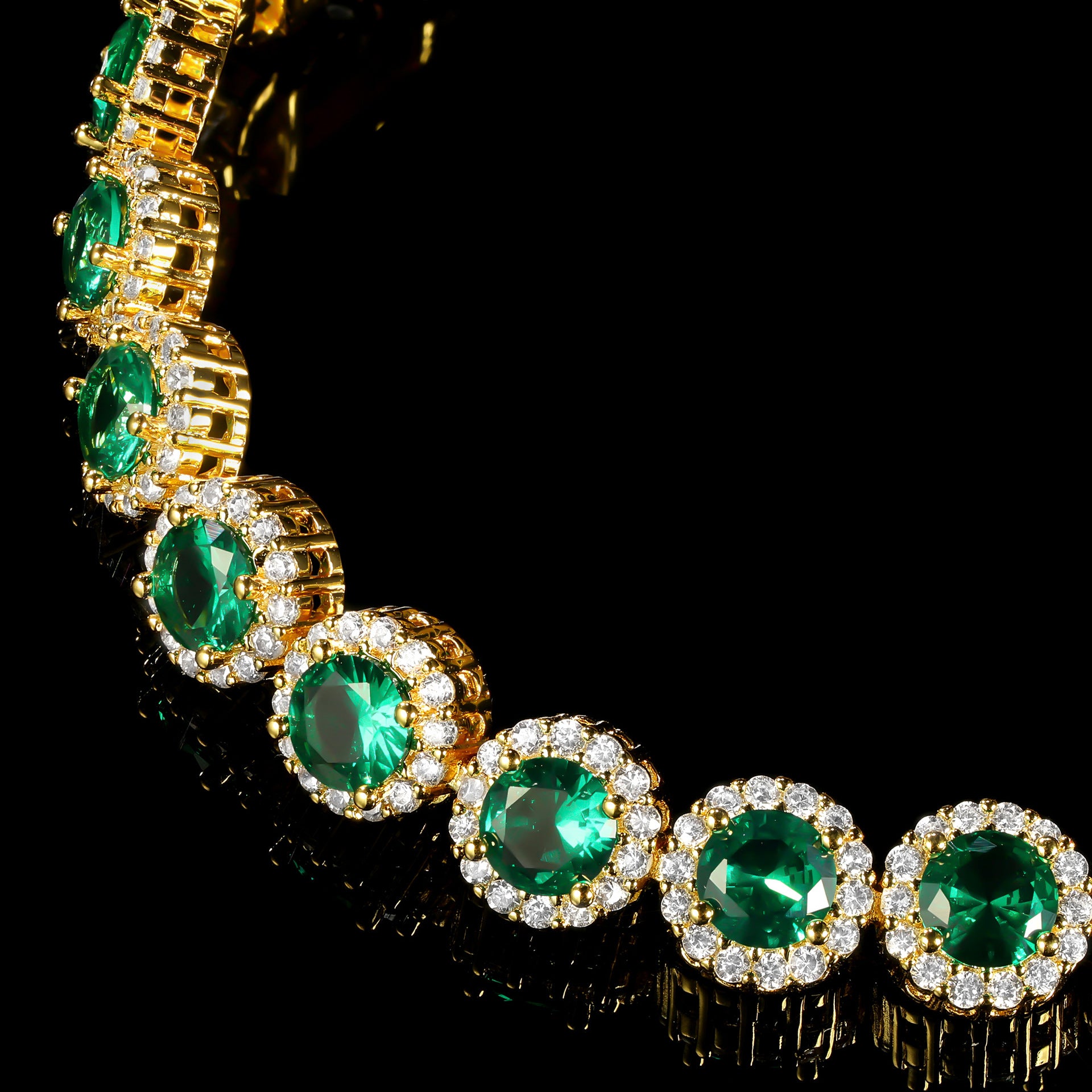 Round Emerald in White Accents Halo 8mm Golden Tennis Bracelet with Box Clasp Safety Latches
