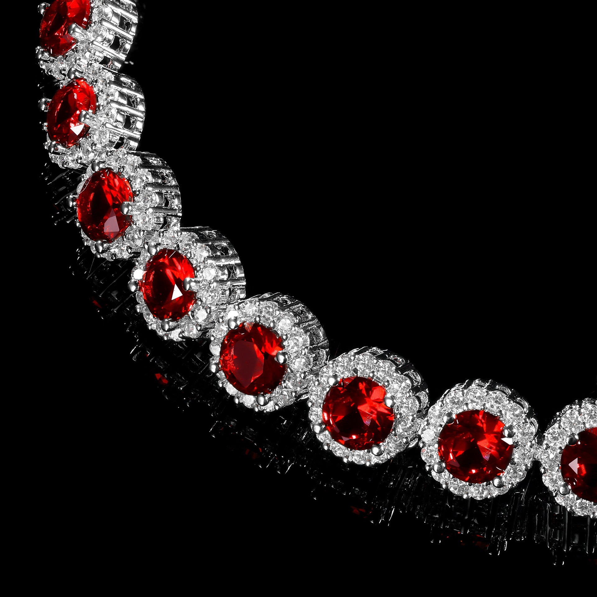 Round Ruby in White Accents Halo 8mm Silver Tennis Bracelet with Box Clasp Safety Latches