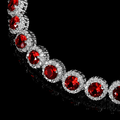 Round Ruby in White Accents Halo 8mm Silver Tennis Bracelet with Box Clasp Safety Latches
