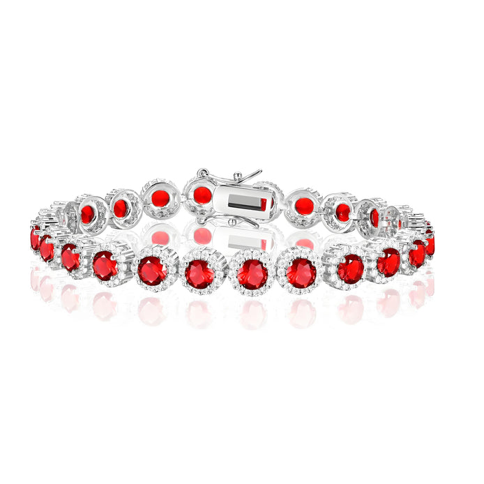 Round Ruby in White Accents Halo 8mm Silver Tennis Bracelet with Box Clasp Safety Latches