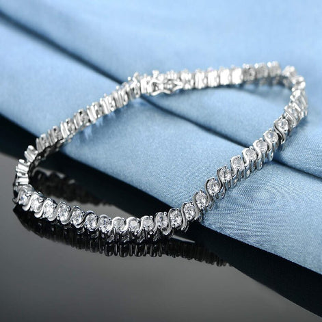 Round Brilliant S-Link 3mm Silver Tennis Bracelet in Half Bezel Setting with Box Clasp Safety Latches (7.5'')