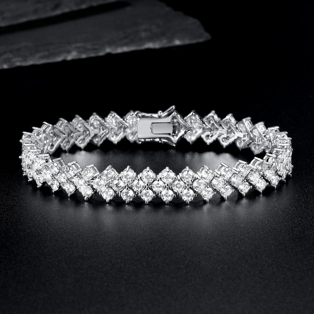 Silver Chevron 3mm Tennis Bracelet in Round Brilliant Three Stone Cluster with Box Clasp Safety Latches