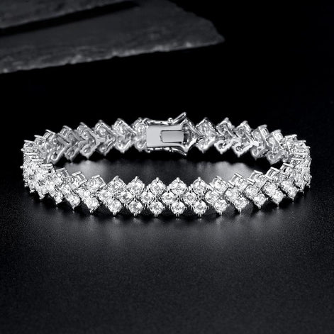 Silver Chevron 3mm Tennis Bracelet in Round Brilliant Three Stone Cluster with Box Clasp Safety Latches