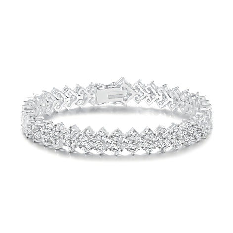 Silver Chevron 3mm Tennis Bracelet in Round Brilliant Three Stone Cluster with Box Clasp Safety Latches