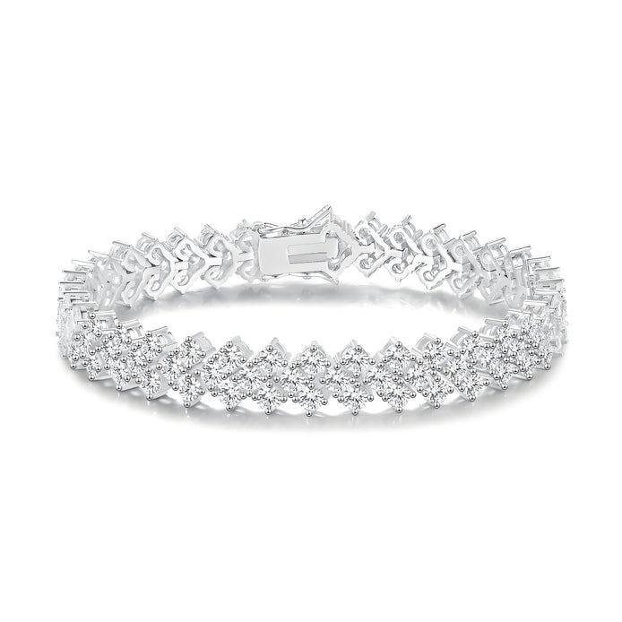 Silver Chevron 3mm Tennis Bracelet in Round Brilliant Three Stone Cluster with Box Clasp Safety Latches