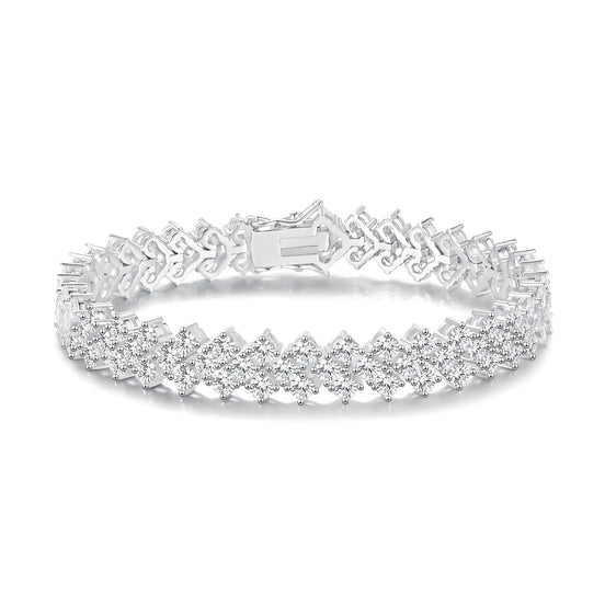 Silver Chevron 3mm Tennis Bracelet in Round Brilliant Three Stone Cluster with Box Clasp Safety Latches
