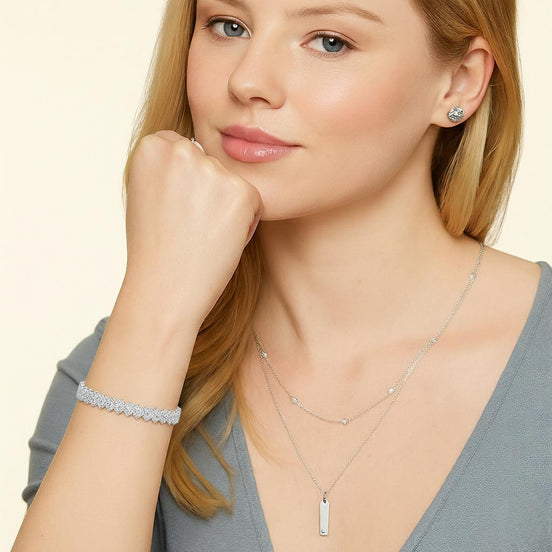 Silver Chevron 3mm Tennis Bracelet in Round Brilliant Three Stone Cluster with Box Clasp Safety Latches