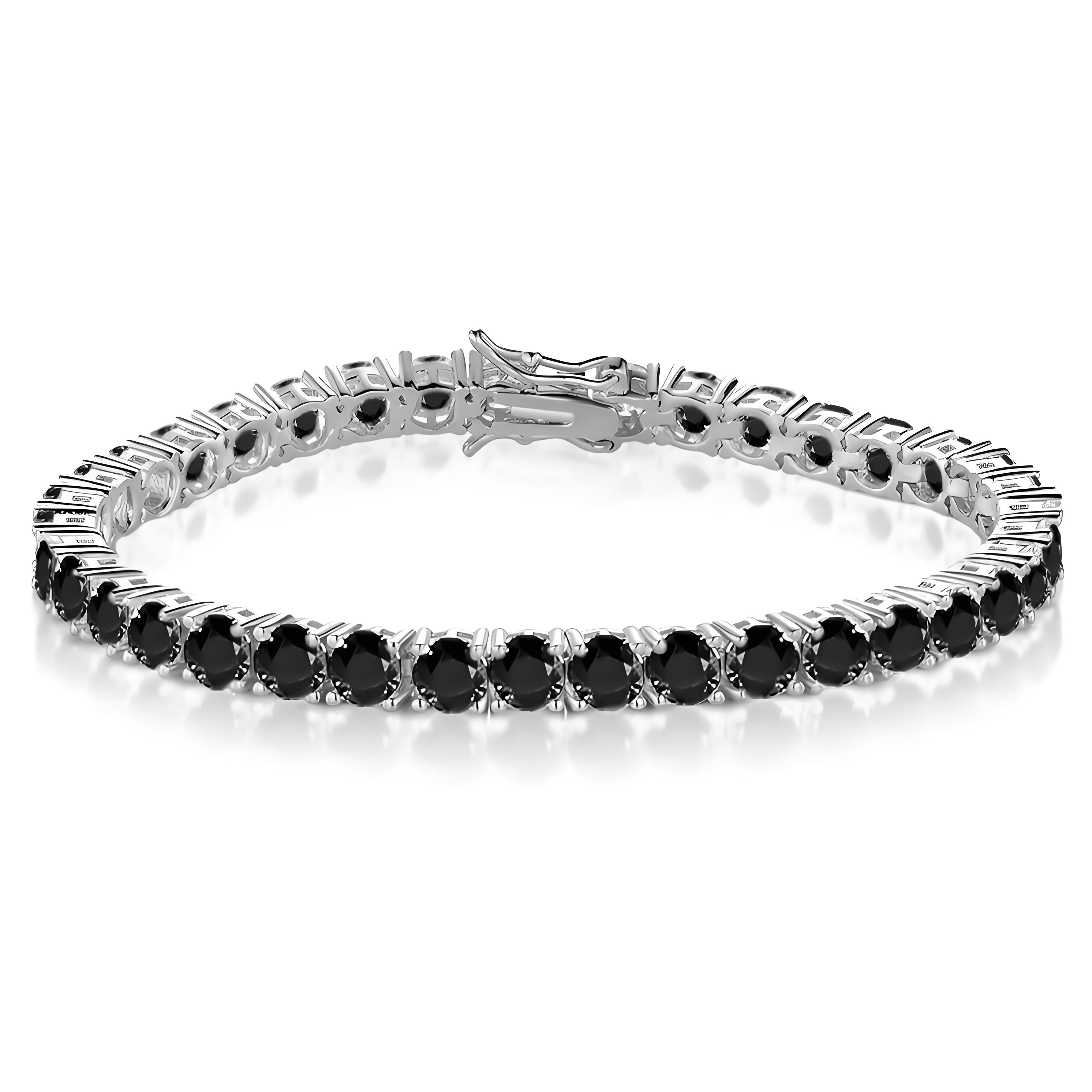 Spinel Black Classic Round 4mm Silver Tennis Bracelet with Box Clasp Safety Latches