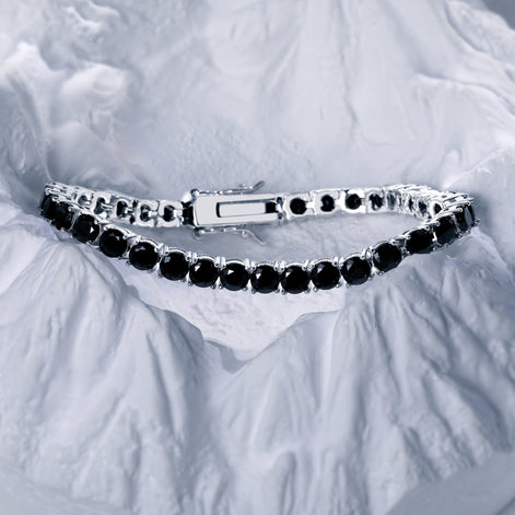 Spinel Black Classic Round 4mm Silver Tennis Bracelet with Box Clasp Safety Latches