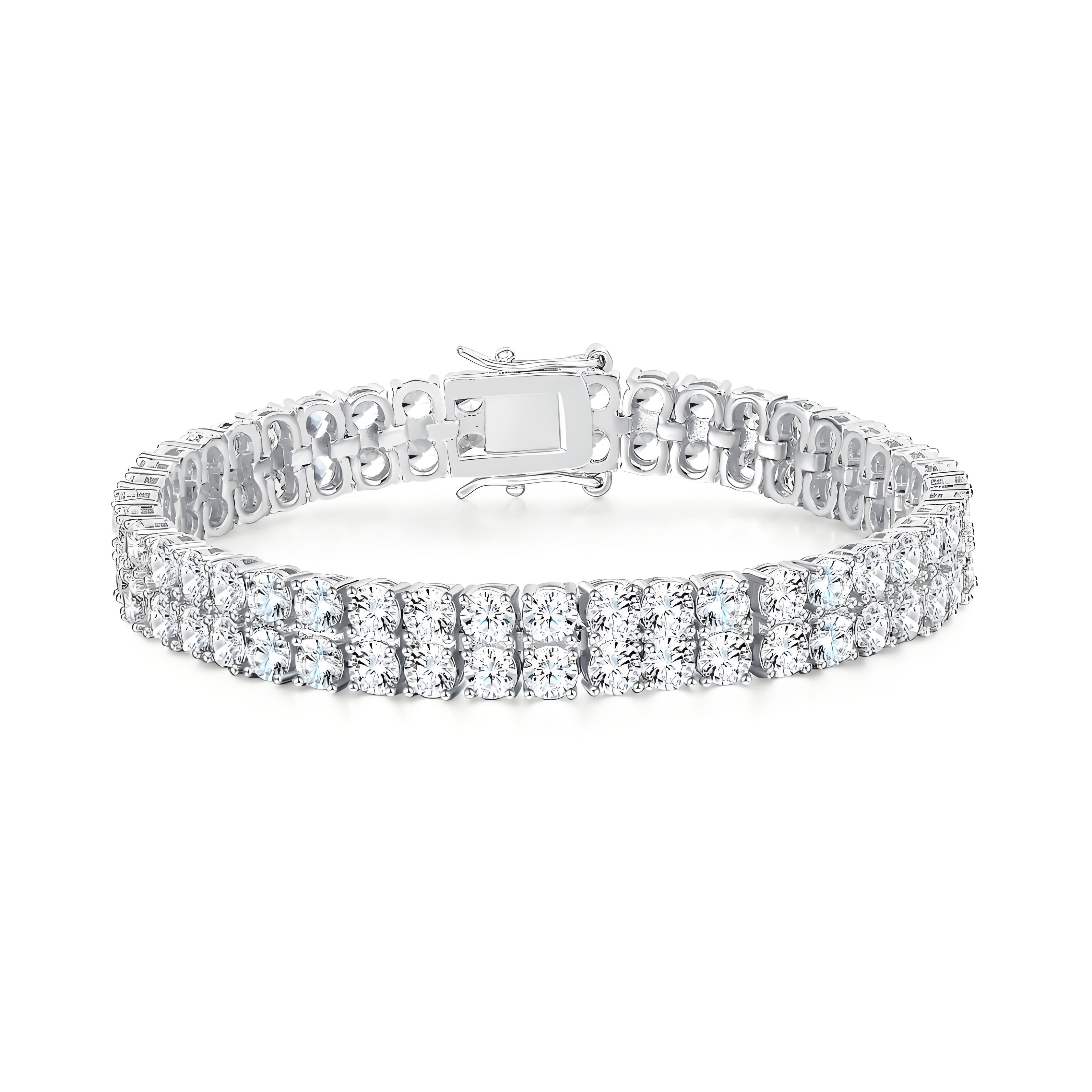 Thick Two Row 6mm Silver Tennis Bracelet in Round Brilliant Wide Watch Links with Box Clasp Safety Latches