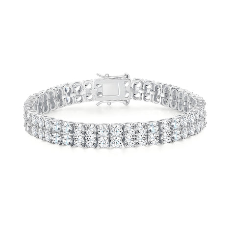 Thick Two Row 6mm Silver Tennis Bracelet in Round Brilliant Wide Watch Links with Box Clasp Safety Latches