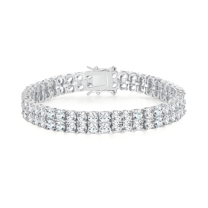 Thick Two Row 6mm Silver Tennis Bracelet in Round Brilliant Wide Watch Links with Box Clasp Safety Latches