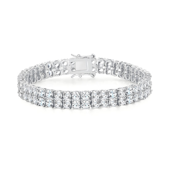 Thick Two Row 6mm Silver Tennis Bracelet in Round Brilliant Wide Watch Links with Box Clasp Safety Latches