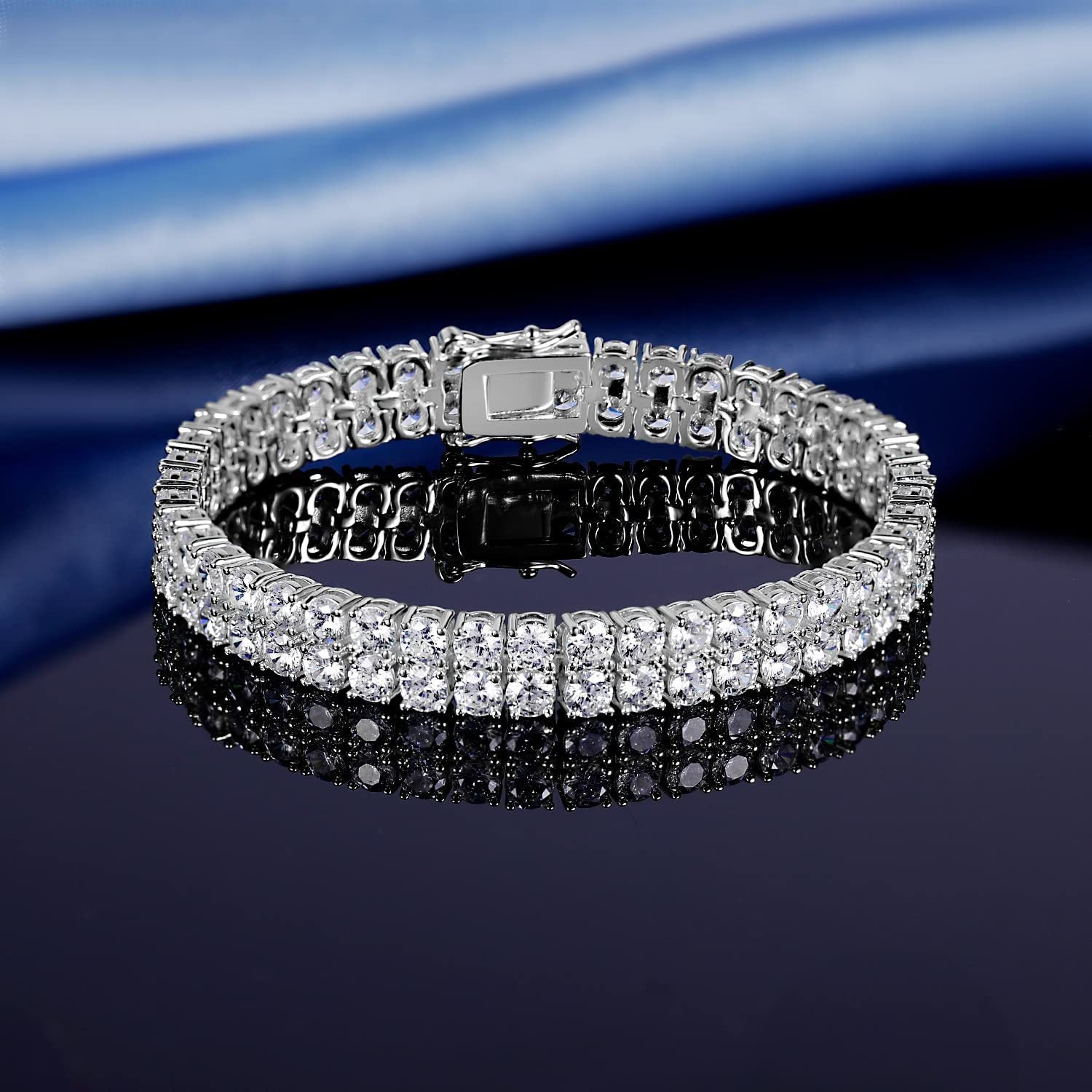 Thick Two Row 6mm Silver Tennis Bracelet in Round Brilliant Wide Watch Links with Box Clasp Safety Latches