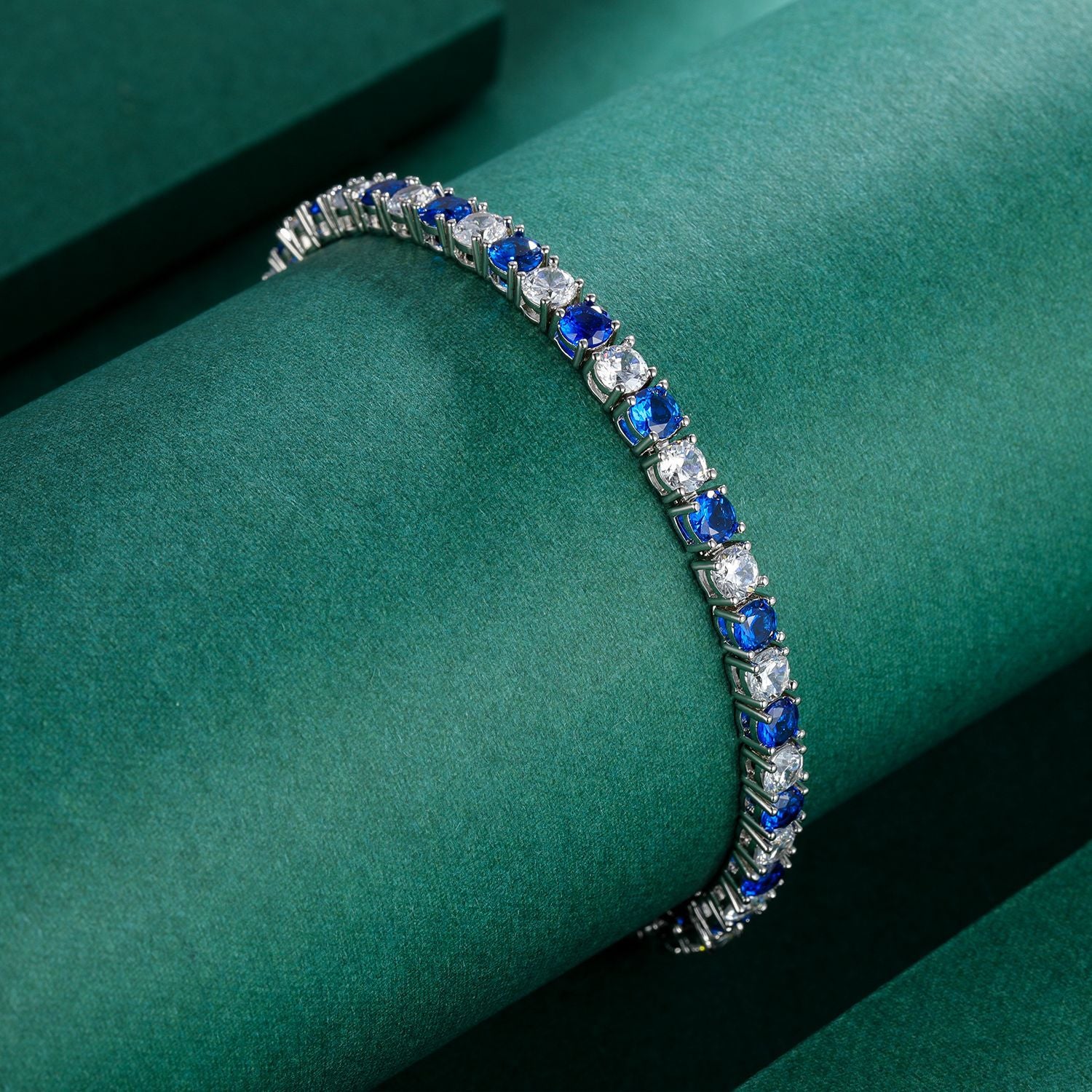 Dual Tone 4mm Tennis Bracelet in Alternating Blue Sapphire and White Brilliant with Box Clasp Safety Latches