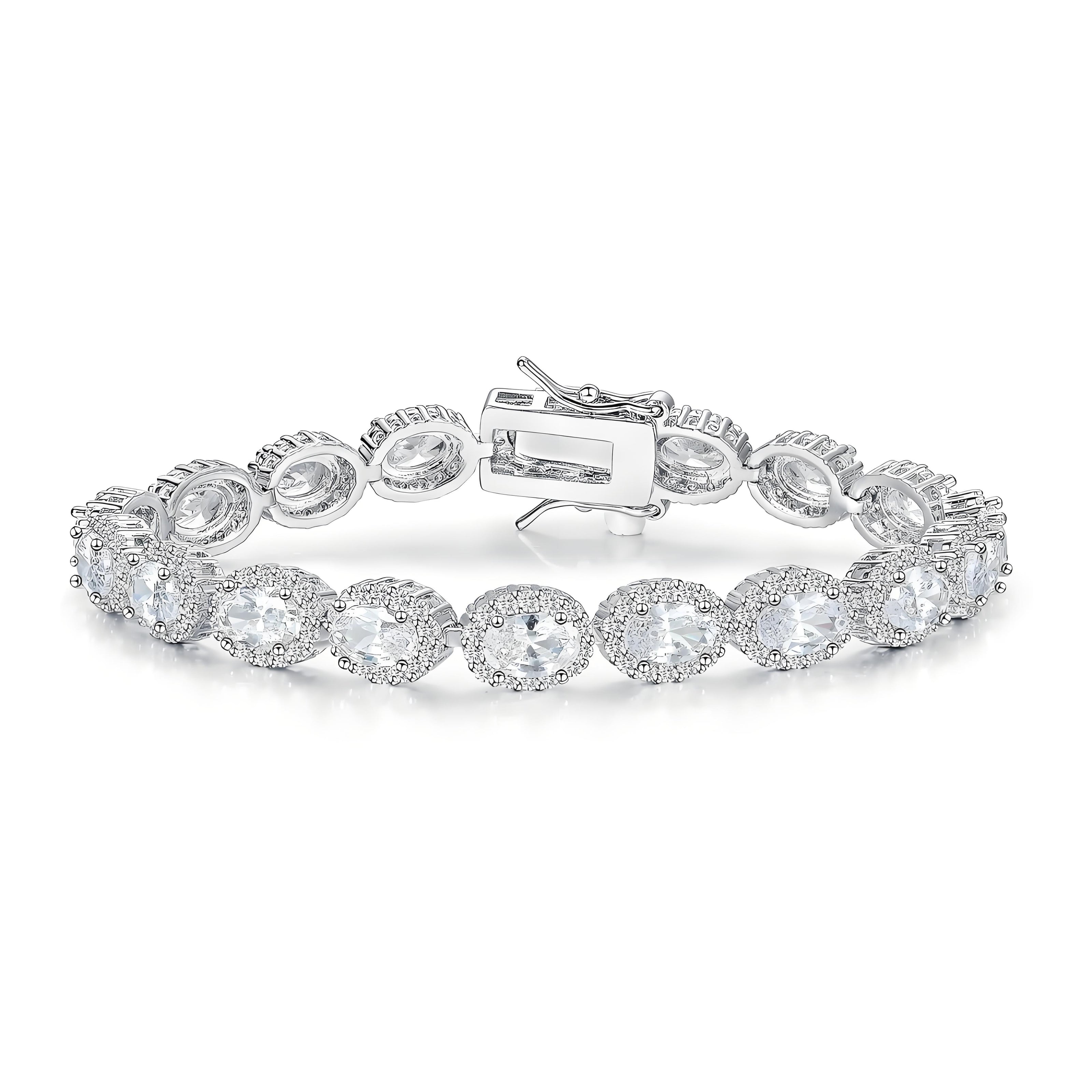 White Oval Cut 4mm Tennis Bracelet in Micro-Pave Halo Setting with Box Clasp Safety Latches