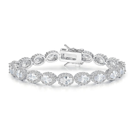 White Oval Cut 4mm Tennis Bracelet in Micro-Pave Halo Setting with Box Clasp Safety Latches