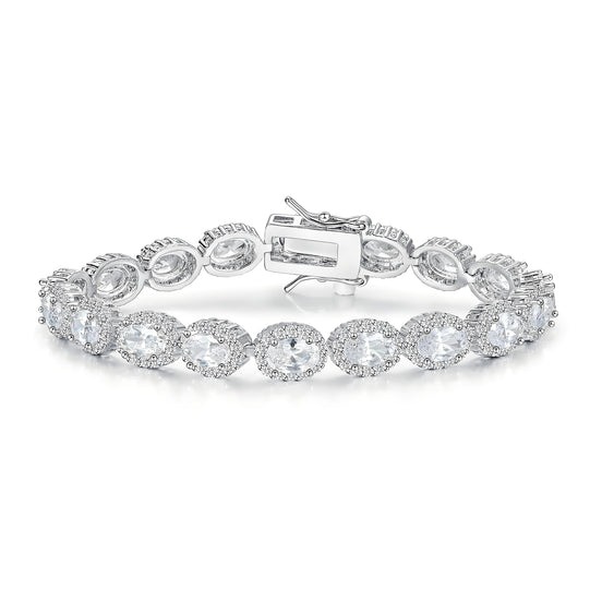 White Oval Cut 4mm Tennis Bracelet in Micro-Pave Halo Setting with Box Clasp Safety Latches