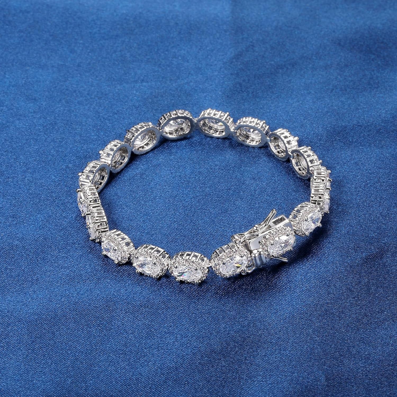 White Oval Cut 4mm Tennis Bracelet in Micro-Pave Halo Setting with Box Clasp Safety Latches
