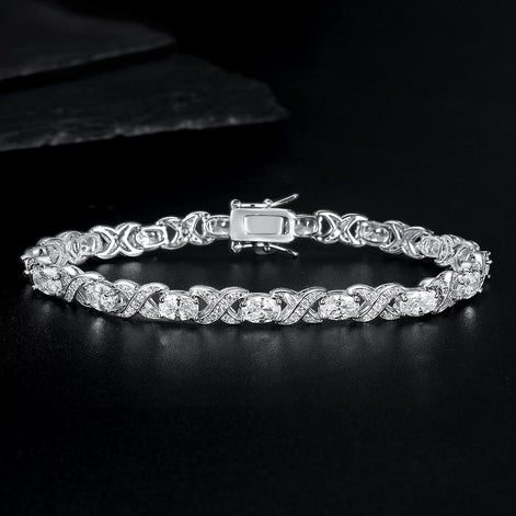 White Oval and Pave Infinity Links 4mm Silver Tennis Bracelet with Box Clasp Safety Latches