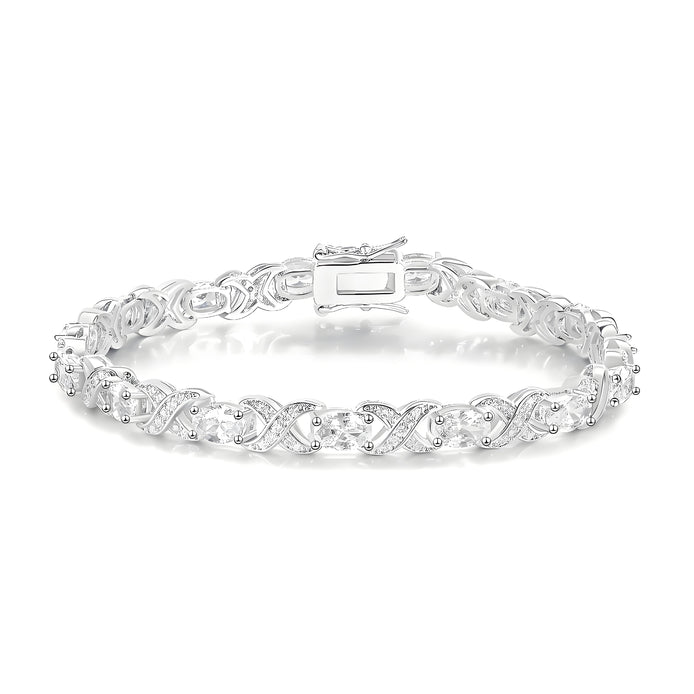 White Oval and Pave Infinity Links 4mm Silver Tennis Bracelet with Box Clasp Safety Latches