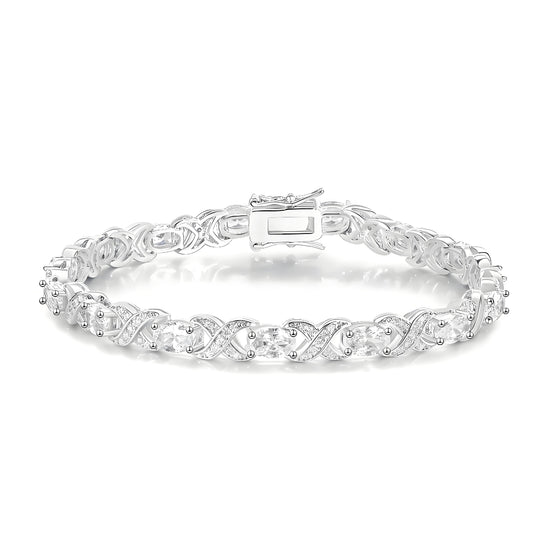 White Oval and Pave Infinity Links 4mm Silver Tennis Bracelet with Box Clasp Safety Latches